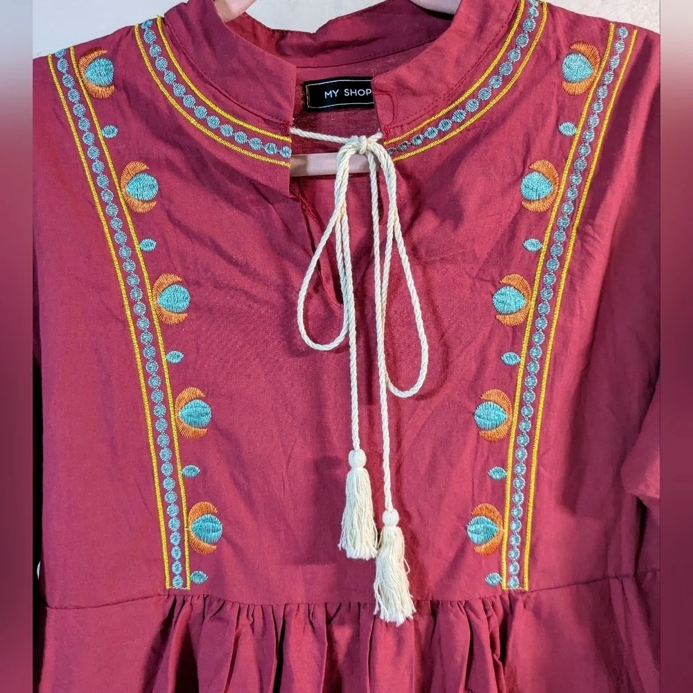 Boho Embroidered Burgundy Peasant Mini Dress Floral Sleeve Festival‎ Cottagecore - Picture 5 of 11